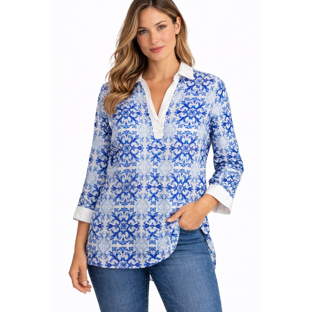 Isaac Mizrahi Tunic Top Womens Blue White Linen Tile Print 3/4 Sleeve Beach Boho